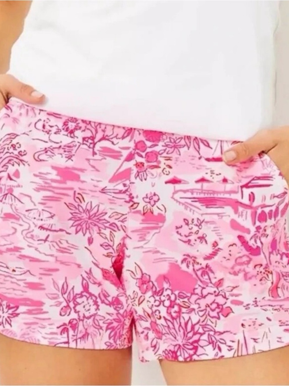 Lilly Pulitzer 5" Ocean View Pull On Shorts in Peony Pink Seaside Scene